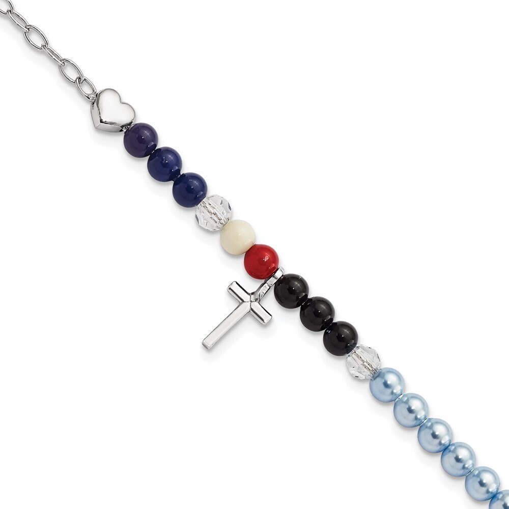 925 Sterling Silver Glass Pearl Onyx Agate Crystals Cross 6" Bracelet 2" Ext.